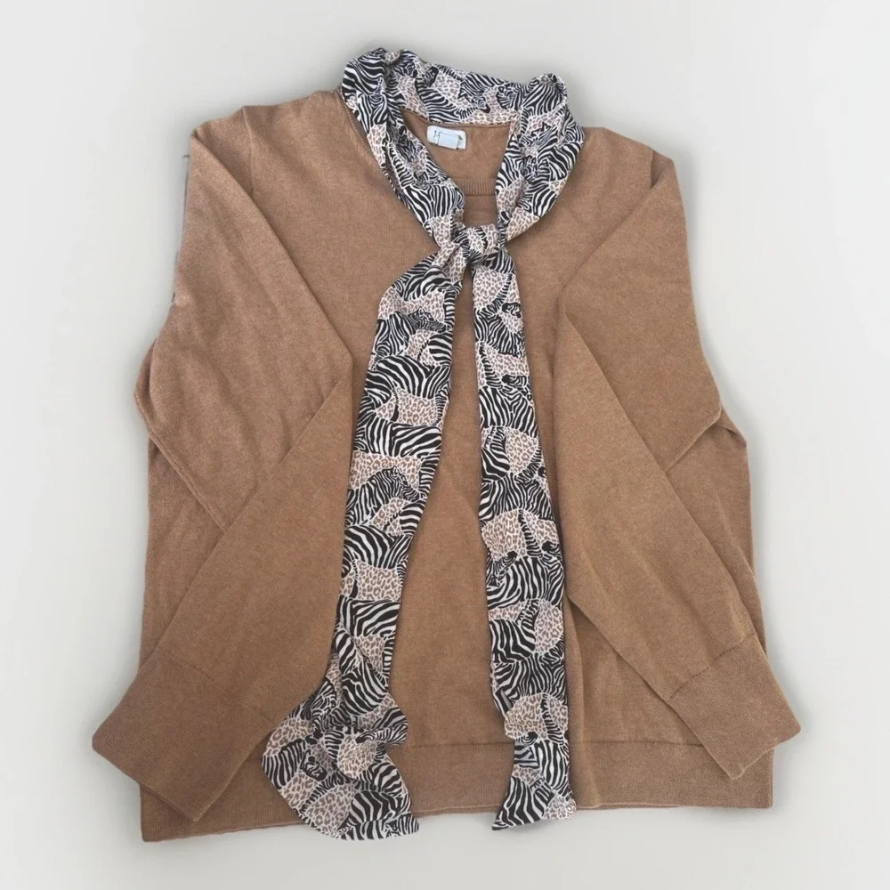 J Crew Brown Pullover Sweater Zebra Print Scarf Attached Size XL - Picture 4 of 5
